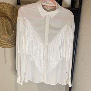 White Fringe Button-Down Shirt